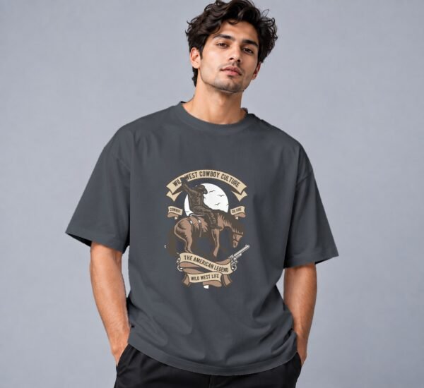 Wild West Cowboy Culture Retro Round Neck T-Shirt in steel grey, front view – Kool Kameez