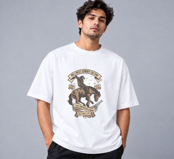 wild-west-cowboy-culture-tshirt-white-front Wild West Cowboy Culture 240 GSM Oversized Tee in white, front view – Kool Kameez