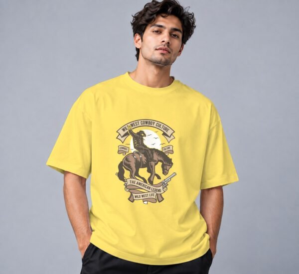 Wild West Cowboy Culture Retro Round Neck T-Shirt in yellow, front view – Kool Kameez