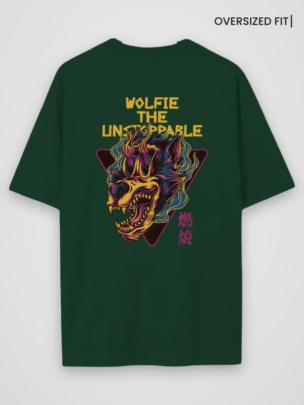 wolfie the unstoppable oversized t-shirt bottle green back wolfie the unstoppable oversized t-shirt bottle green back