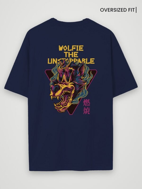 wolfie the unstoppable oversized t-shirt navy blue back wolfie the unstoppable oversized t-shirt navy blue back