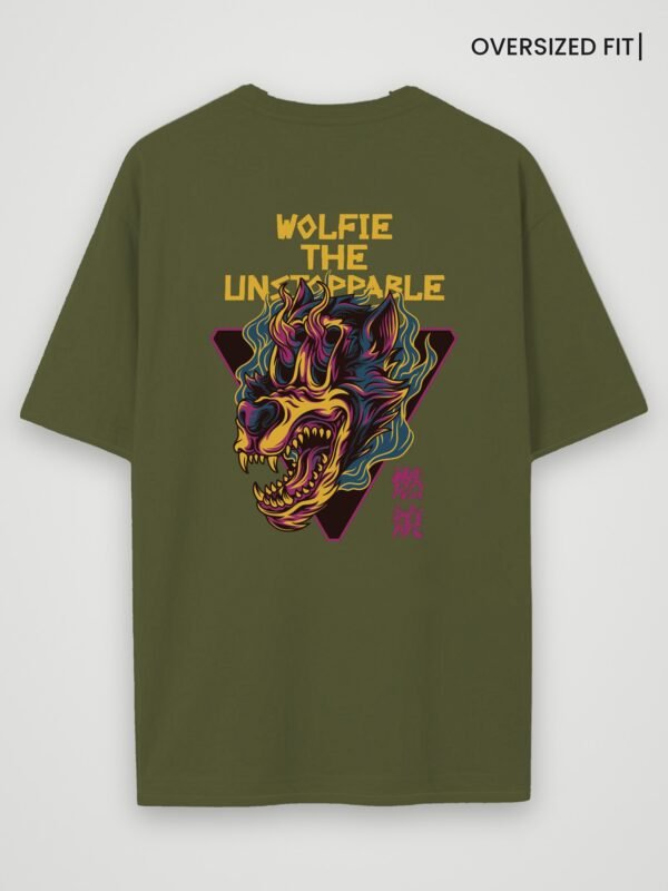 wolfie the unstoppable oversized t-shirt olive green back wolfie the unstoppable oversized t-shirt olive green back