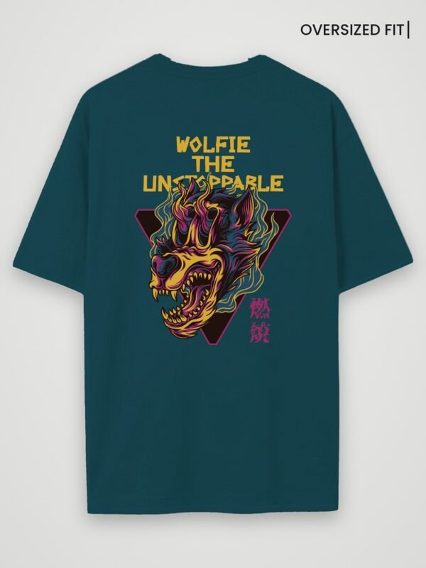 wolfie the unstoppable oversized t-shirt petrol blue back wolfie the unstoppable oversized t-shirt petrol blue back