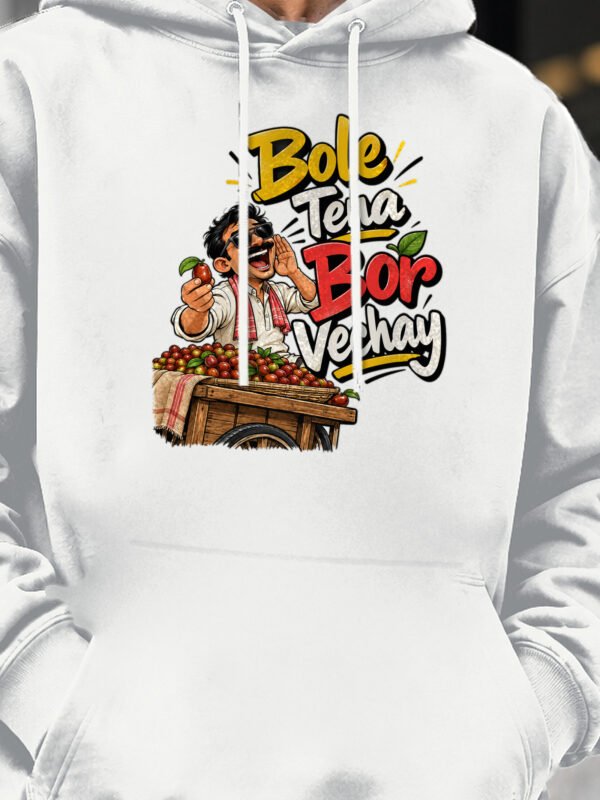 Bole Tena Bor Vechay oversized hoodie, 400 GSM, White – print close-up Bole Tena Bor Vechay oversized hoodie, 400 GSM, White – print close-up