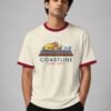 Coastline ringer tee in off-white with maroon trim, front