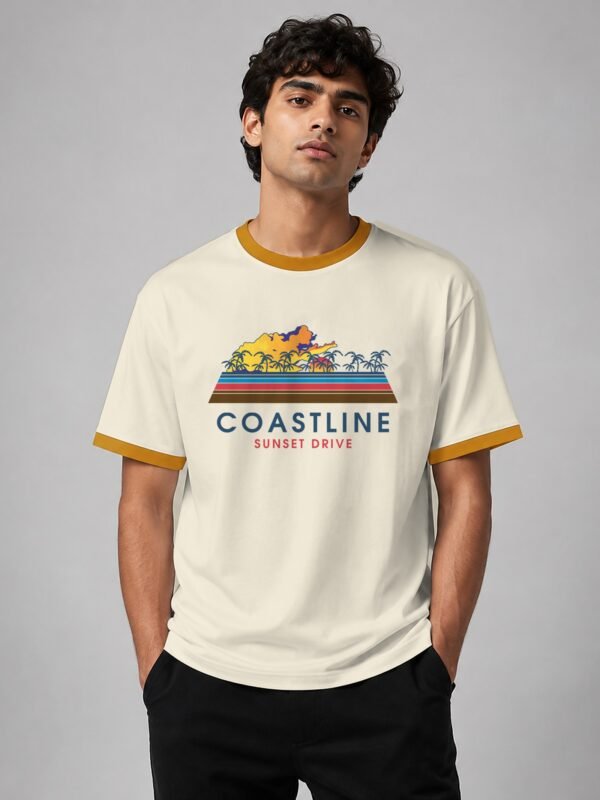 Coastline ringer tee in off-white with mustard trim, front Coastline ringer tee in off-white with mustard trim, front