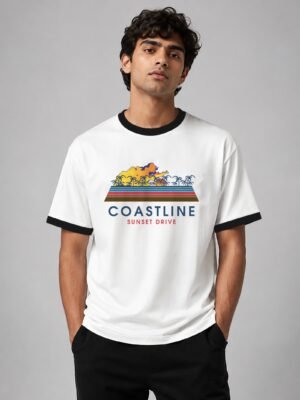 Coastline ringer tee in white with black trim, front Coastline ringer tee in white with black trim, front