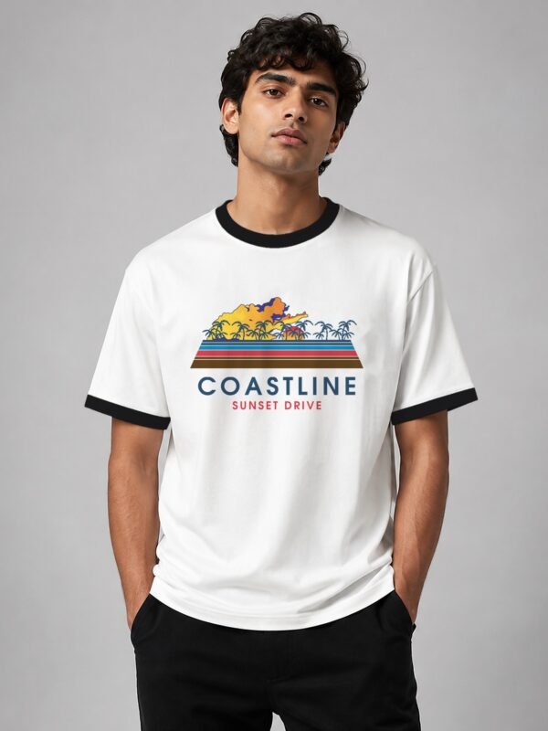 Coastline ringer tee in white with black trim, front Coastline ringer tee in white with black trim, front