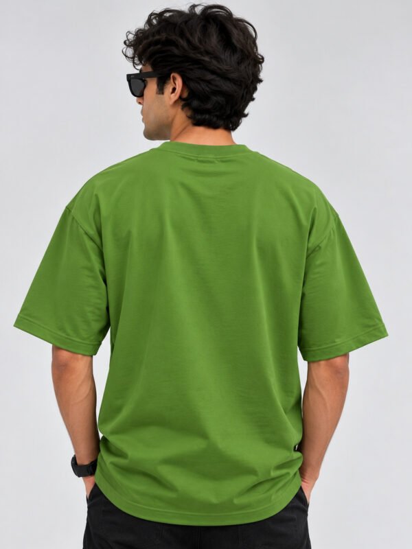 Plain Cotton 220 GSM Oversized Tee – Avocado Green – model back view Plain Cotton 220 GSM Oversized Tee – Avocado Green – model back view