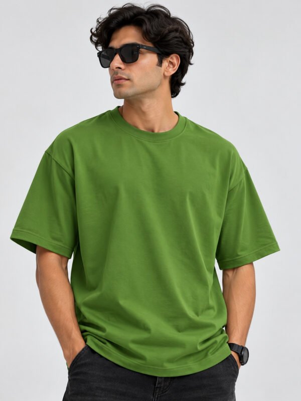 Plain Cotton 220 GSM Oversized Tee – Avocado Green – model front view Plain Cotton 220 GSM Oversized Tee – Avocado Green – model front view