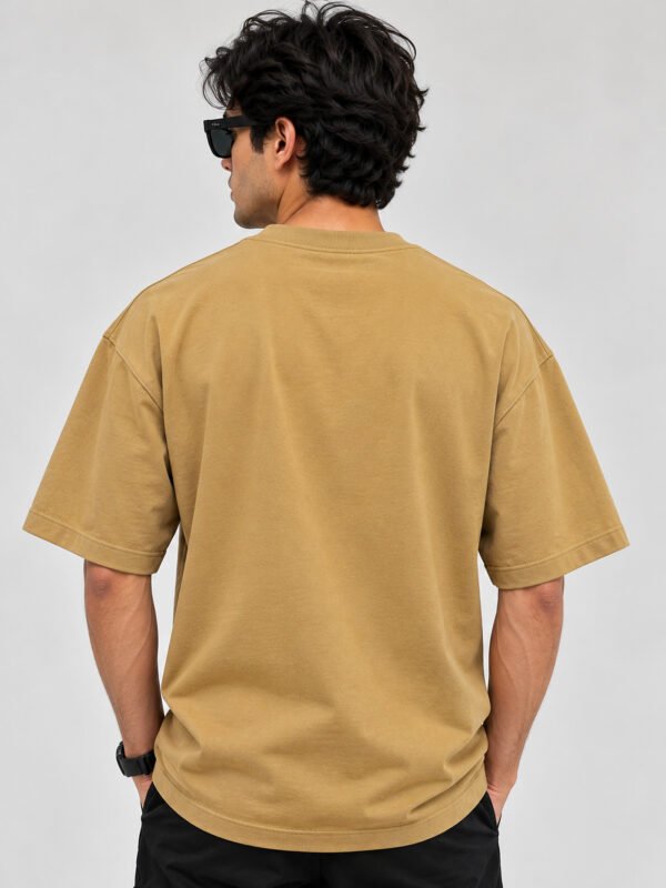 Plain Cotton 220 GSM Oversized Tee – Beige – model back view Plain Cotton 220 GSM Oversized Tee – Beige – model back view