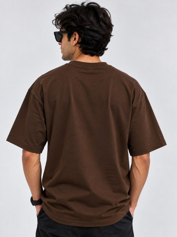 Plain Cotton 220 GSM Oversized Tee – Brown – model back view Plain Cotton 220 GSM Oversized Tee – Brown – model back view