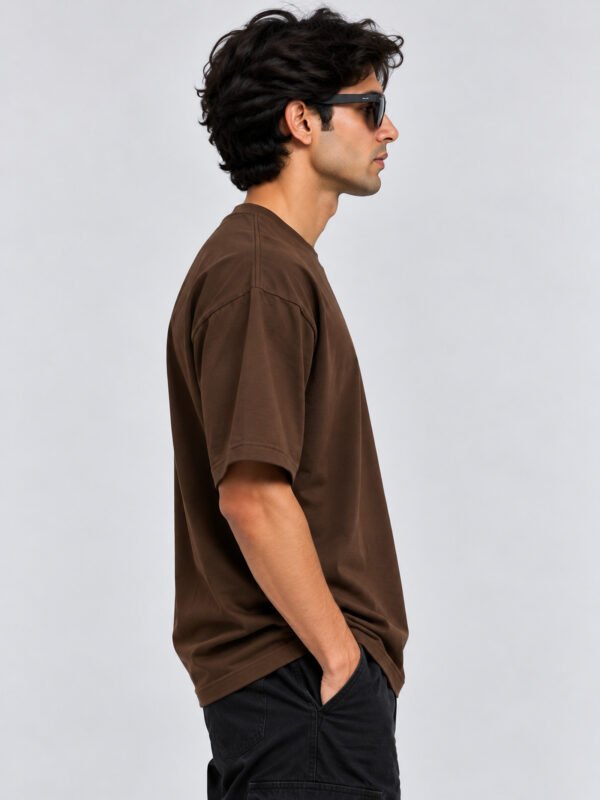 Plain Cotton 220 GSM Oversized Tee – Brown – model right side view Plain Cotton 220 GSM Oversized Tee – Brown – model right side view