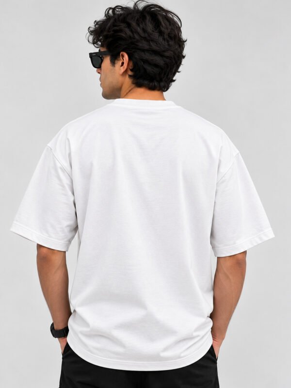 Plain Cotton 220 GSM Oversized Tee – White – model back view Plain Cotton 220 GSM Oversized Tee – White – model back view