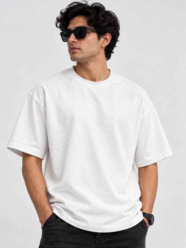 Plain Cotton 220 GSM Oversized Tee – White – model front view Plain Cotton 220 GSM Oversized Tee – White – model front view