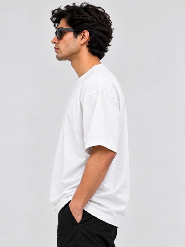 Plain Cotton 220 GSM Oversized Tee – White – model left side view Plain Cotton 220 GSM Oversized Tee – White – model left side view
