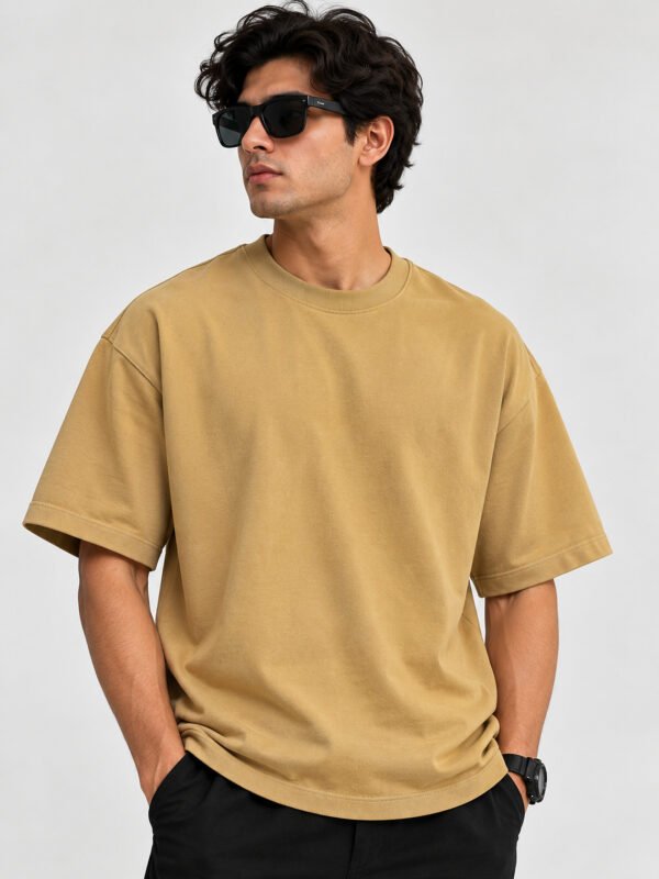 Cotton Terry 240 GSM Oversized Tee – Beige – model front view Cotton Terry 240 GSM Oversized Tee – Beige – model front view
