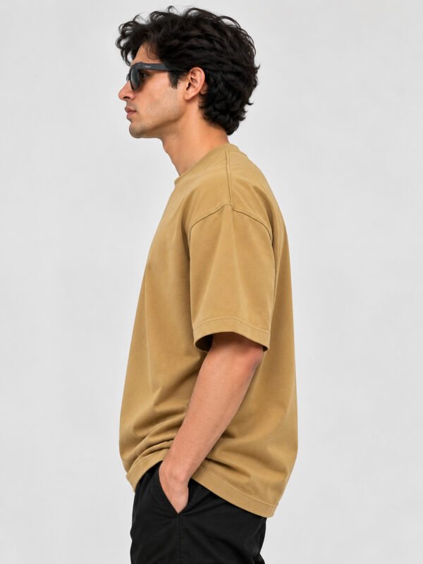 Cotton Terry 240 GSM Oversized Tee – Beige – model left side view Cotton Terry 240 GSM Oversized Tee – Beige – model left side view