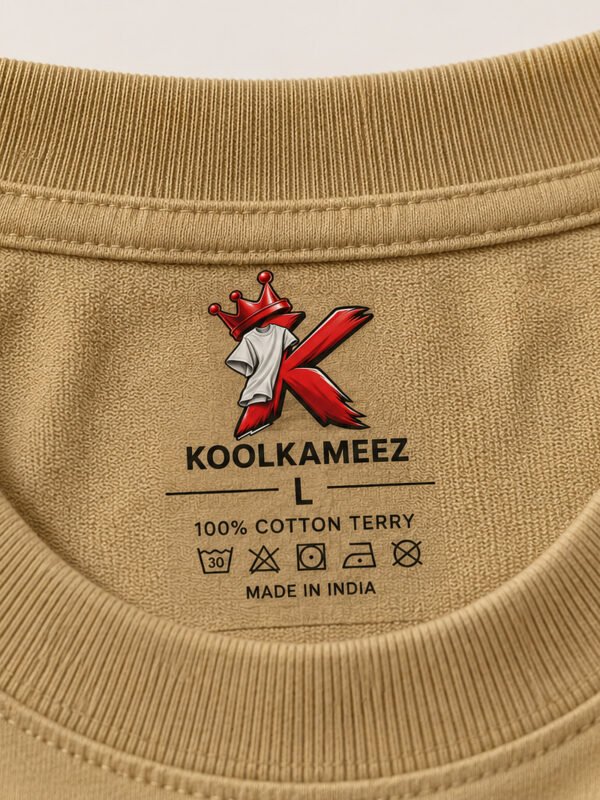 Cotton Terry 240 GSM Oversized Tee – Beige – neck label close-up Cotton Terry 240 GSM Oversized Tee – Beige – neck label close-up
