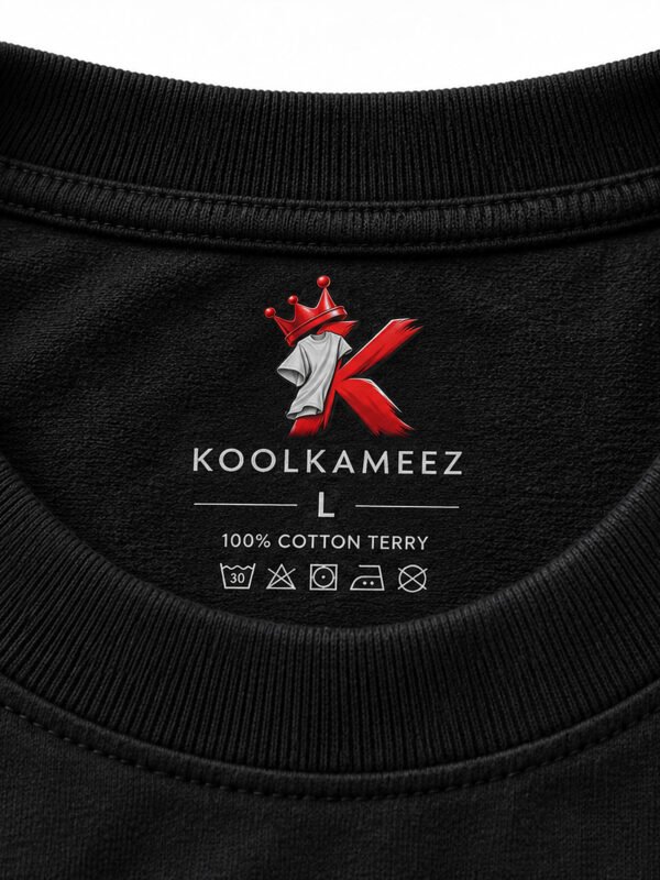 Cotton Terry 240 GSM Oversized Tee – Black – neck label close-up Cotton Terry 240 GSM Oversized Tee – Black – neck label close-up