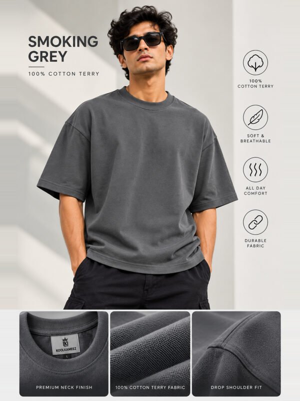 Cotton Terry 240 GSM Oversized Tee – Smokey Grey – fabric and fit features Cotton Terry 240 GSM Oversized Tee – Smokey Grey – fabric and fit features