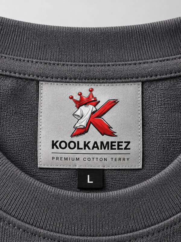Cotton Terry 240 GSM Oversized Tee – Smokey Grey – neck label close-up Cotton Terry 240 GSM Oversized Tee – Smokey Grey – neck label close-up