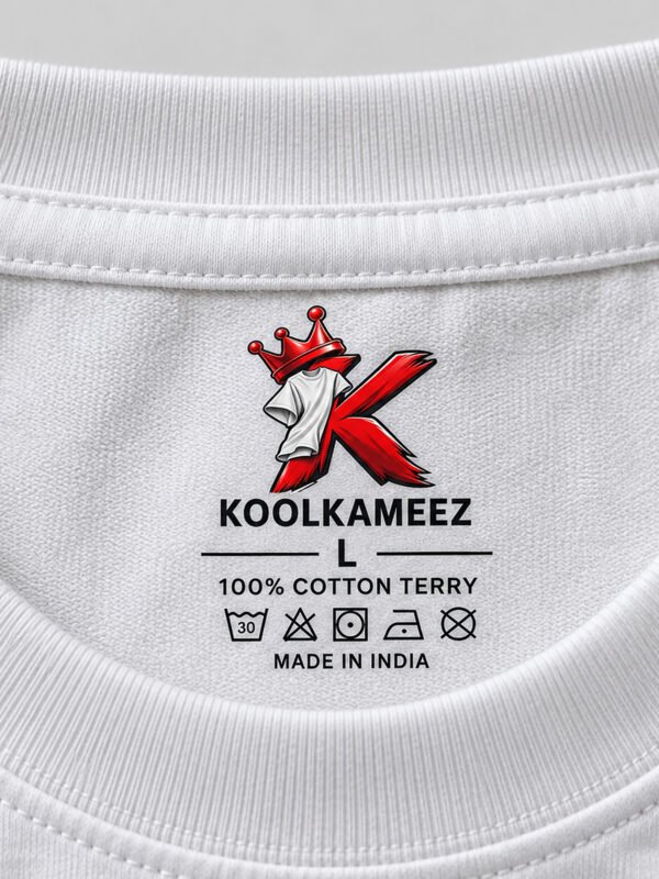 Cotton Terry 240 GSM Oversized Tee – White – neck label close-up Cotton Terry 240 GSM Oversized Tee – White – neck label close-up