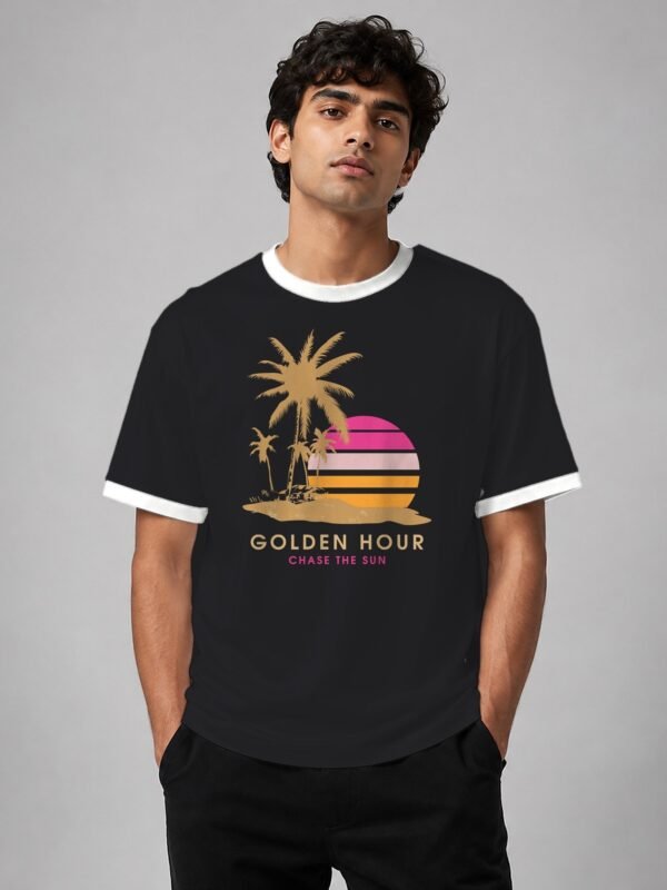 Golden Hour ringer tee in black with white trim, front Golden Hour ringer tee in black with white trim, front