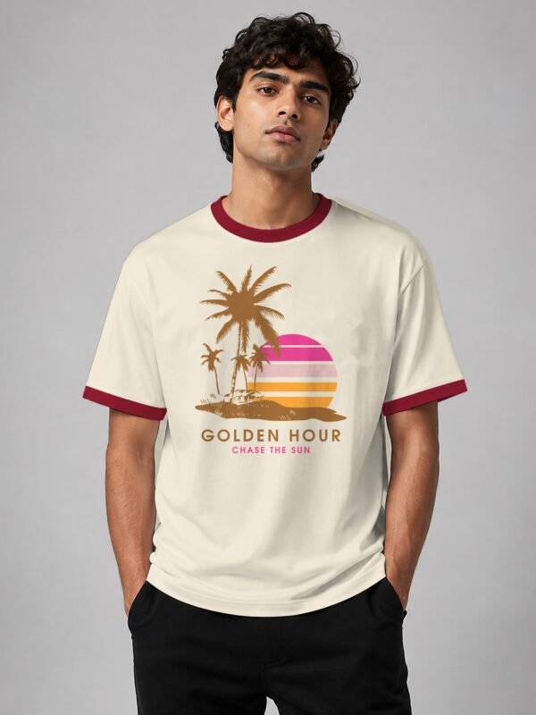 Golden Hour ringer tee in off-white with maroon trim, front Golden Hour ringer tee in off-white with maroon trim, front