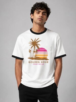 Golden Hour ringer tee in white with black trim, front Golden Hour ringer tee in white with black trim, front