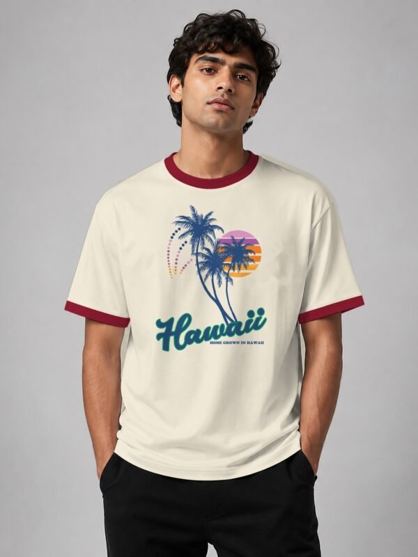 Hawaii Home Grown ringer tee in off-white with maroon trim, front