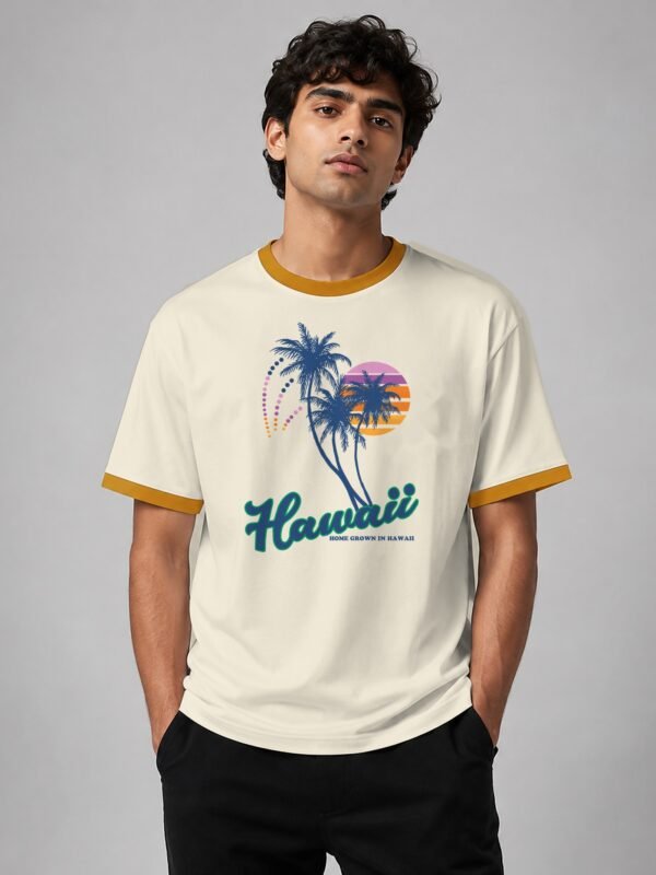 Hawaii Home Grown ringer tee in off-white with mustard trim, front