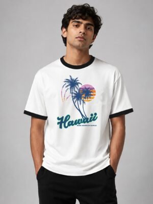 Hawaii Home Grown ringer tee in white with black trim, front Hawaii Home Grown ringer tee in white with black trim, front