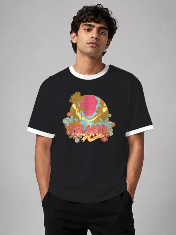 Island Surf Flavor ringer tee in black with white trim, front
