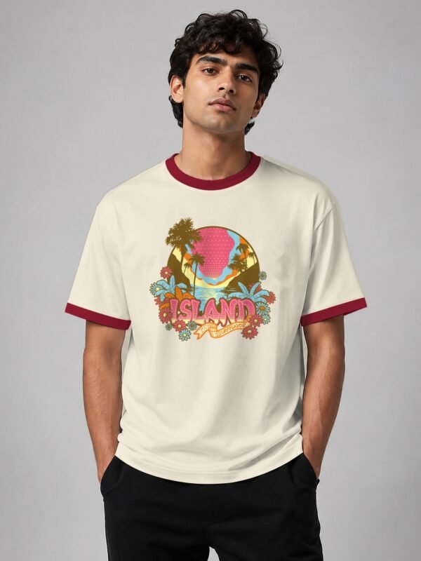 Island Surf Flavor ringer tee in off-white with maroon trim, front