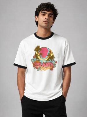 Island Surf Flavor ringer tee in white with black trim, front Island Surf Flavor ringer tee in white with black trim, front