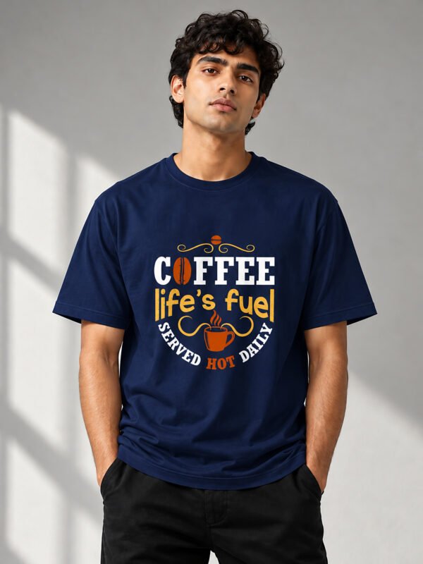 kk-coffee-lifes-fuel-round-neck-tee-navy-blue-model Coffee Life’s Fuel round neck tee navy blue, on model, Kool Kameez