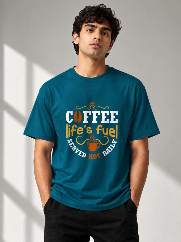 Coffee Life’s Fuel round neck tee petrol blue, on model, Kool Kameez