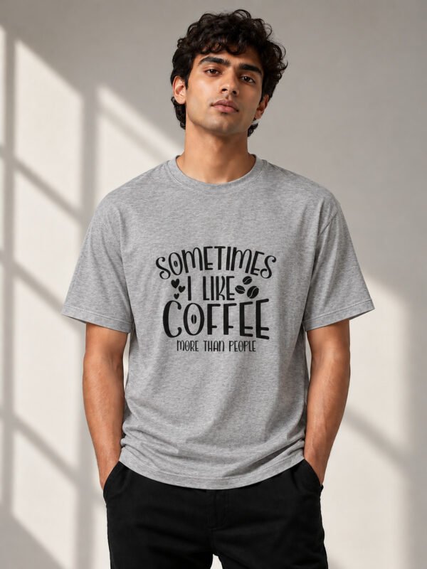 kk-coffee-more-than-people-round-neck-tee-grey-melange-model Coffee More Than People round neck tee grey melange, on model, Kool Kameez