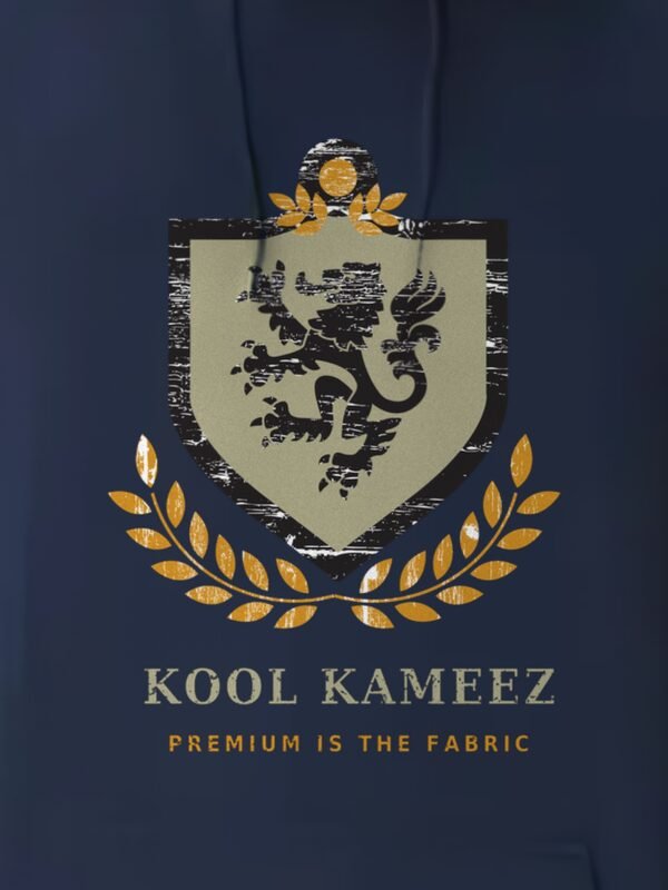 lion crest hoodie navy blue closeup Kool Kameez
