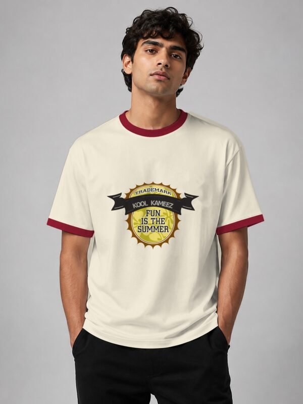 summer ringer tee off white maroon trim model front Kool Kameez