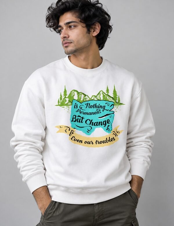 Model wearing the Nothing Is Permanent crew sweatshirt in white