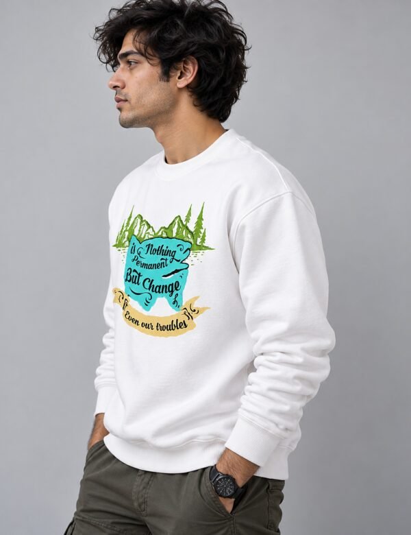 Nothing Is Permanent Sweatshirt — White — left side view Nothing Is Permanent crew sweatshirt in white — left side view