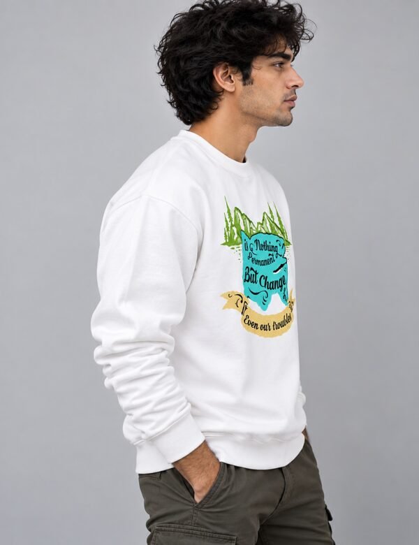 Nothing Is Permanent Sweatshirt — White — right side view Nothing Is Permanent crew sweatshirt in white — right side view