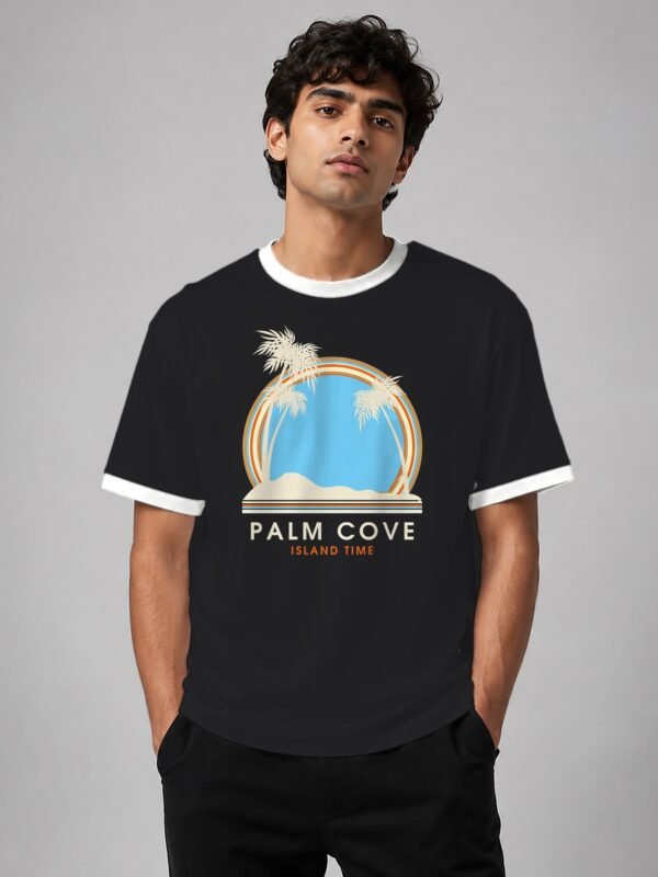 Palm Cove ringer tee in black with white trim, front