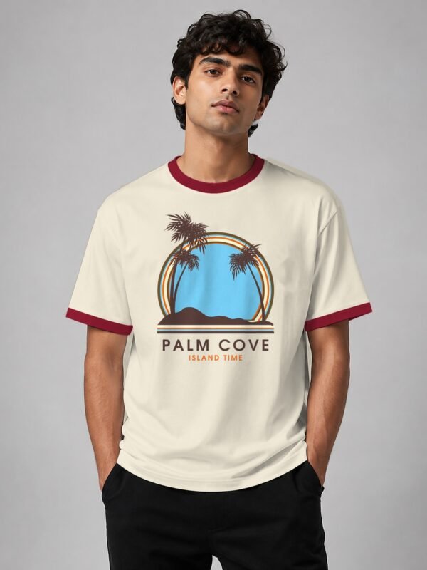 Palm Cove ringer tee in off-white with maroon trim, front