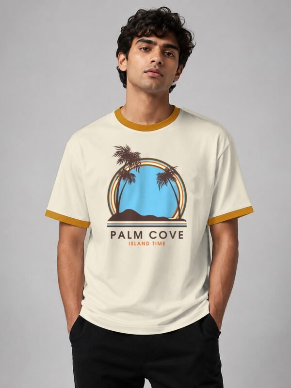 Palm Cove ringer tee in off-white with mustard trim, front