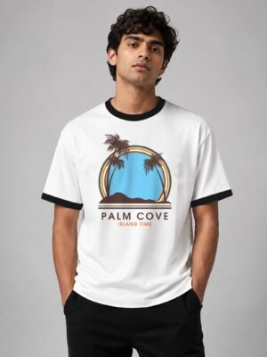 Palm Cove ringer tee in white with black trim, front Palm Cove ringer tee in white with black trim, front