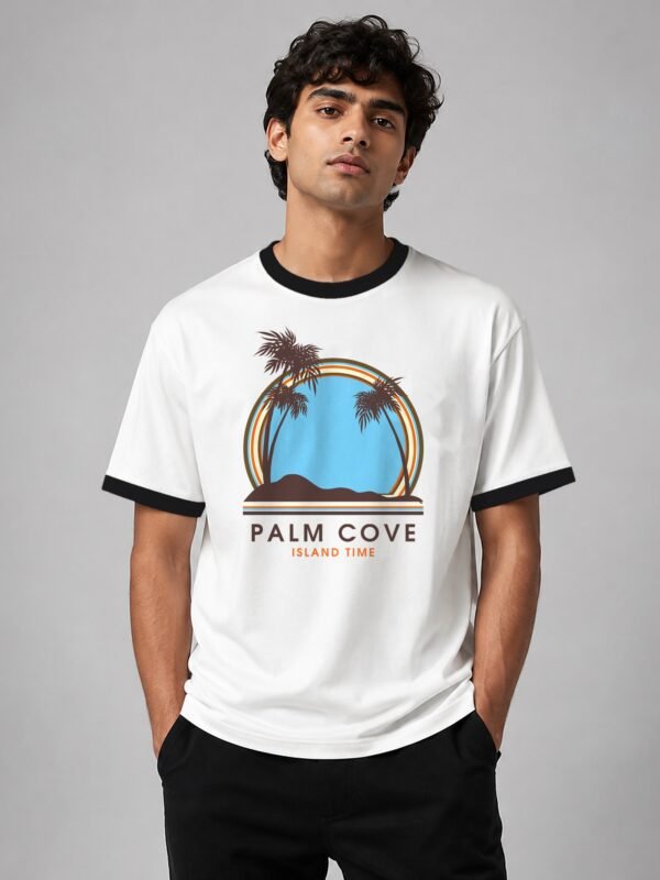 Palm Cove ringer tee in white with black trim, front
