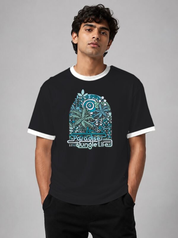 Paradise Jungle Life ringer tee in black with white trim, front Paradise Jungle Life ringer tee in black with white trim, front